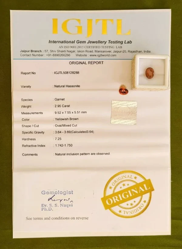 Hessonite (Gomedh) Certificate