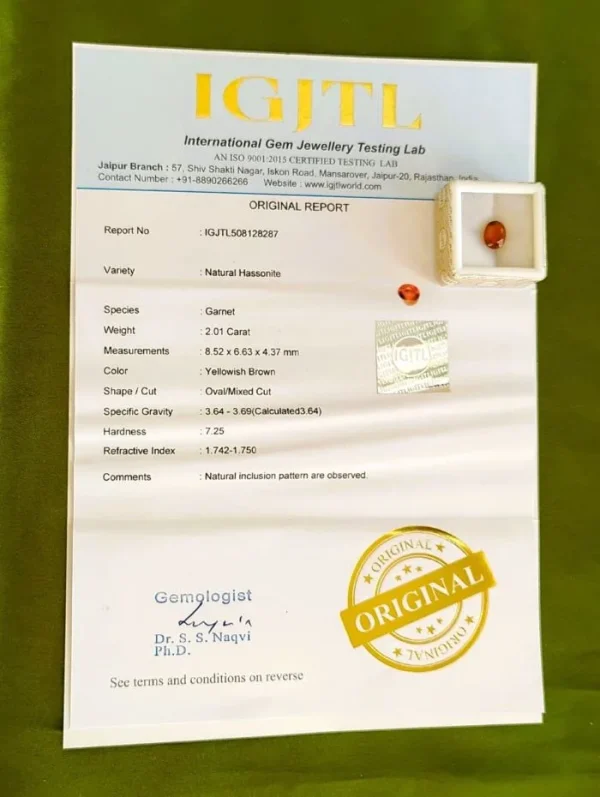 Hessonite (Gomedh) Certificate