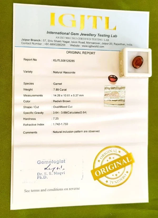 Hessonite (Gomedh) Certificate