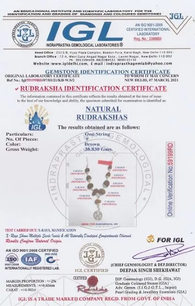 Navagraha Rudraksha Mala Certificate