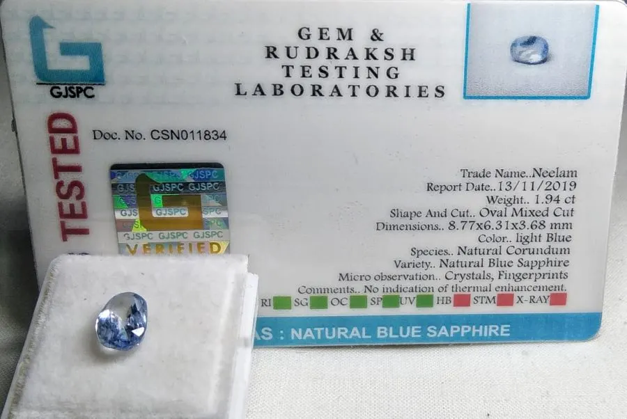 Blue Sapphire (Neelam) Certificate