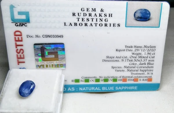 Blue Sapphire (Neelam) Certificate