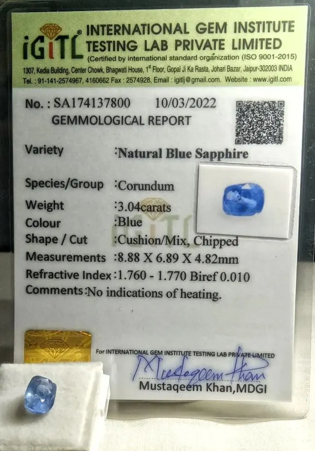 Blue Sapphire (Neelam) Certificate