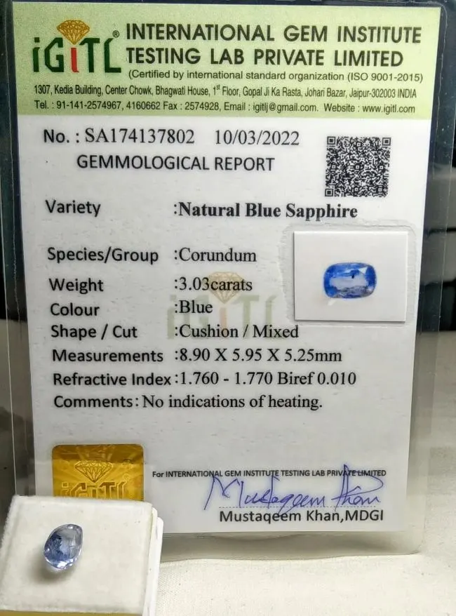 Blue Sapphire (Neelam) Certificate