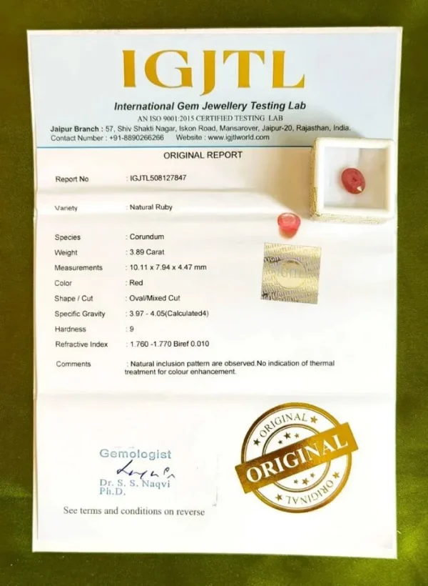 Ruby (Manikya) Certificate