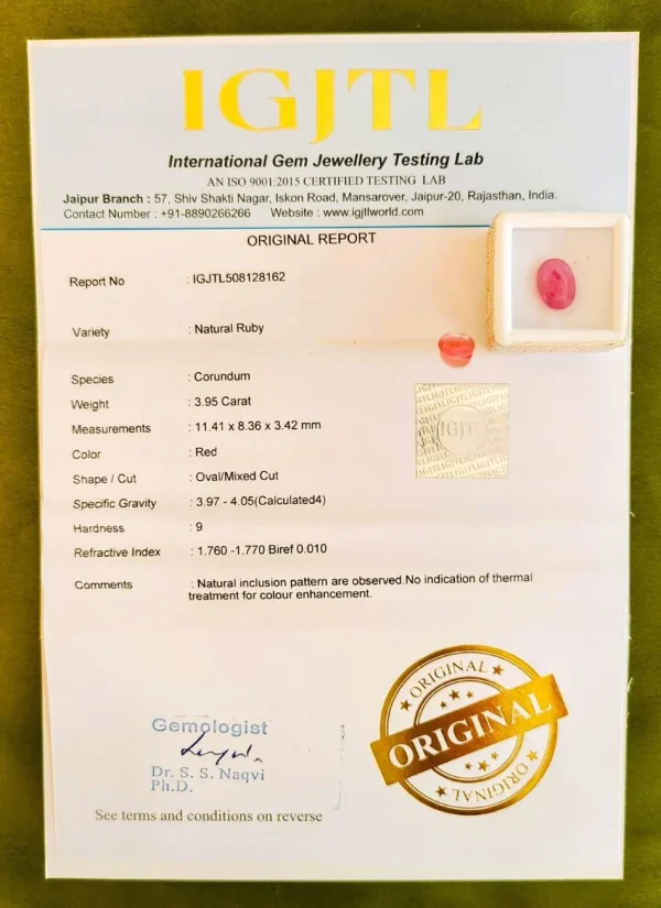 Ruby (Manikya) Certificate