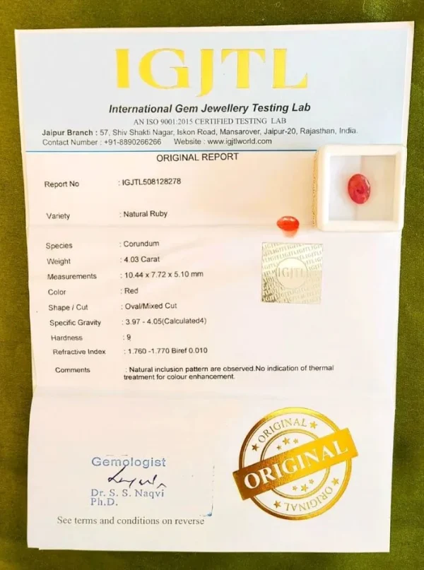 Ruby (Manikya) Certificate