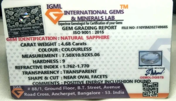 White Sapphire Certificate