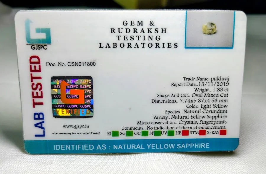 Yellow Sapphire Certificate