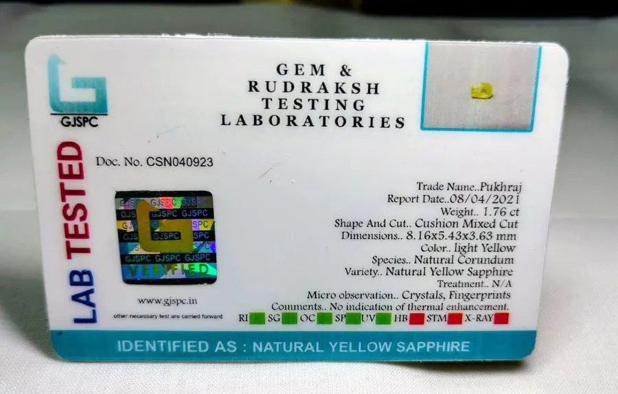 Yellow Sapphire Certificate