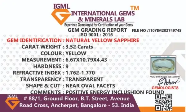Yellow Sapphire (Pukhraj) Certificate