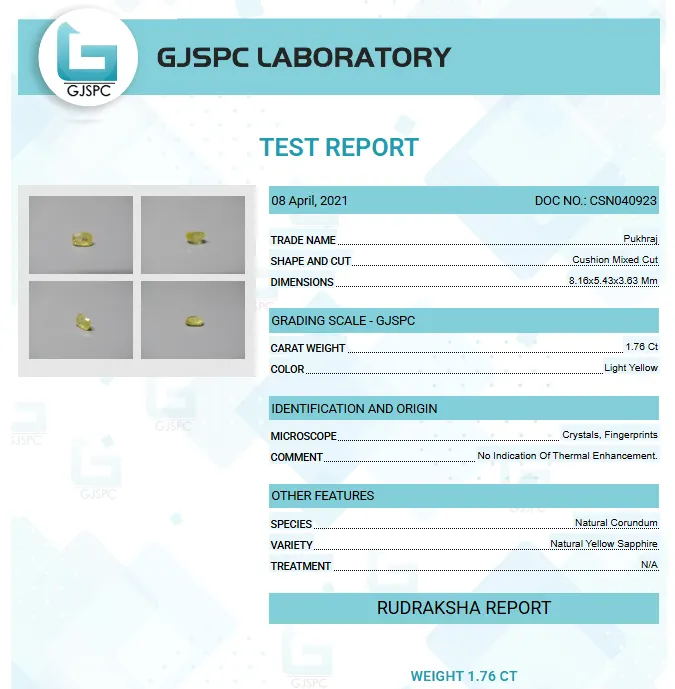Yellow Sapphire Certificate
