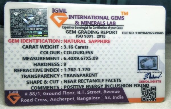 white sapphire certificate pic